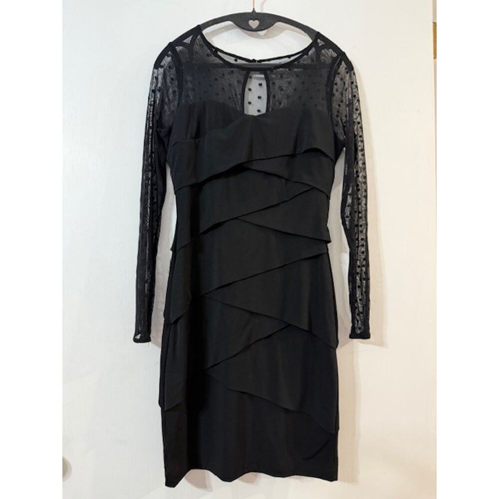 White House Black Market Black Tiered Sheer Polka Dot Sleeves Dress-Size 8P